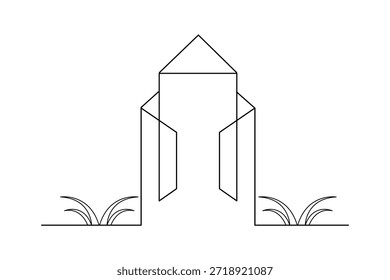 Abstrakte Stadt Turm Struktur zusammen mit Gras in einer einzigen Linie Zeichnung mit Landschaft 