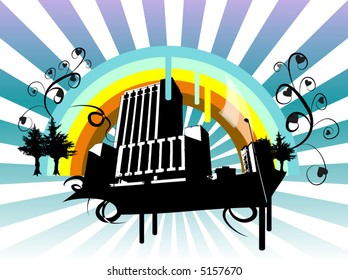 abstract city with tree and rainbow