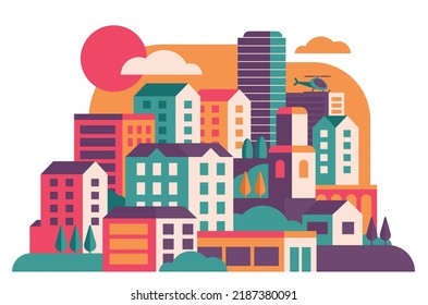 Abstract City, Urban Skyline At Sunset. Cartoon Cityscape In Red, Orange, Green And Purple, Silhouettes Of Corporate Skyscrapers And Streets Flat Vector Illustration. Architecture, Town Concept