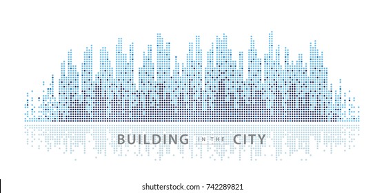 Abstract City Vector, Equalizer Background. Transparent City Landscape, Dots Building In The Night City, Skyline Perspective, Architecture Vector