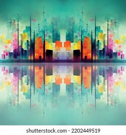 abstract city water color paint canvas cityscape illustration background, modern wallpaper downtown colorful.