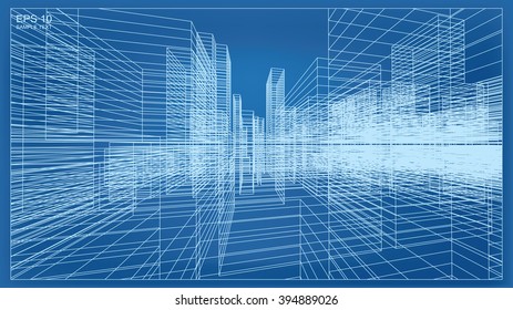 Abstract city wireframe background of building. Vector blueprint background for template design.