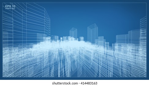 Abstract city wireframe background of building. Vector blueprint background for template design.