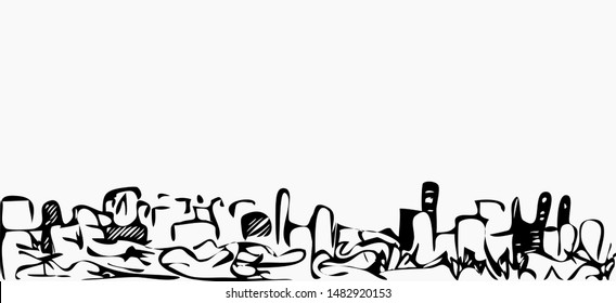 Abstract cityscape. Black and white linear graphics. Pattern for fabric or printed products. City background.