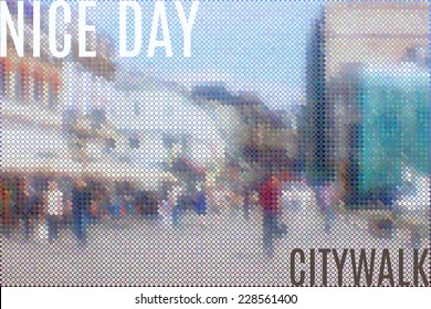 abstract cityscape build of many small geometrical particles arranged by colors