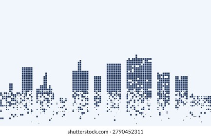 Abstract cityscape composed of dark blue pixelated squares forming skyscrapers buildings