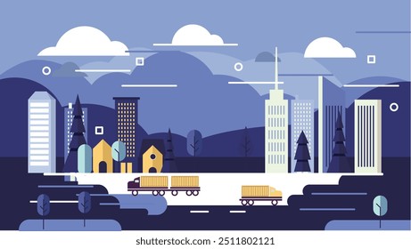 An abstract cityscape at dawn, with towering buildings reflecting the soft, pastel colors of the morning sky. A serene river flows through the city, with a single blue boat drifting peacefully. The sc