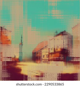 Abstract cityscape halftone dots background. Vector illustration