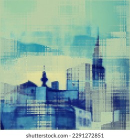 Abstract cityscape halftone dots background. Vector illustration