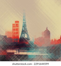 Abstract cityscape halftone dots background. Vector illustration
