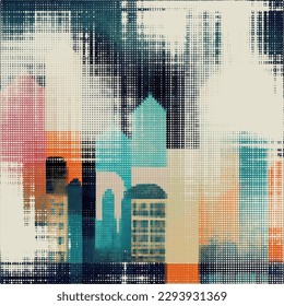 Abstract cityscape halftone dots background. Vector illustration
