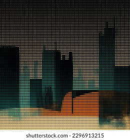 Abstract cityscape halftone dots background. Vector illustration