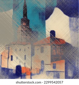 Abstract cityscape halftone dots background. Vector illustration