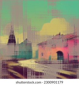 Abstract cityscape halftone dots background. Vector illustration