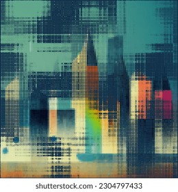 Abstract cityscape halftone dots background. Vector illustration