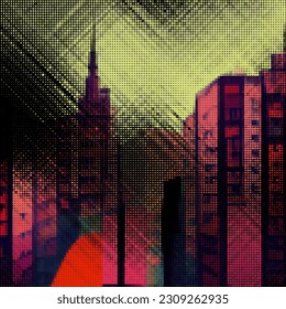 Abstract cityscape halftone dots background. Vector illustration