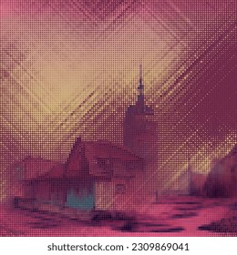 Abstract cityscape halftone dots background. Vector illustration