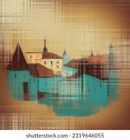 Abstract cityscape halftone dots background. Vector illustration