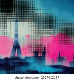 Abstract cityscape halftone dots background. Vector illustration