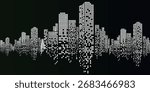 Abstract cityscape illustration with white dotted buildings against a black background.