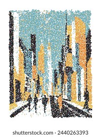 Abstract cityscape impressionism print made from dots or points. Megapolis street with people silhouettes.