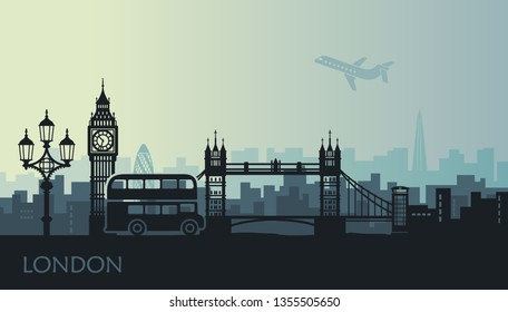 Abstract cityscape of London with the sights at sunset. Vector illustration