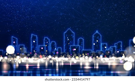 Abstract cityscape night scene with glowing neon buildings and blurred lights. Modern technological developments, futuristic cities, and plexus lines background