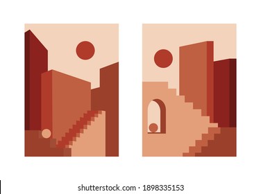 Abstract cityscape posters. Mid century architecture card set contemporary minimal design, boho wall decor. Vector geometric art