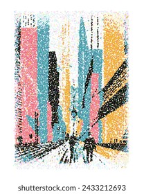 Abstract cityscape print made from dots or points. Megapolis street with people silhouettes.