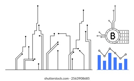 Abstract cityscape represented with circuit-like lines combined with Bitcoin symbol and a blue bar chart. Ideal for cryptocurrency significance technology data analysis finance urbanization digital