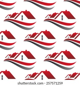 Abstract cityscape seamless pattern with red house roofs underlined curved lines isolated on white background suited for architecture or real estate concept design