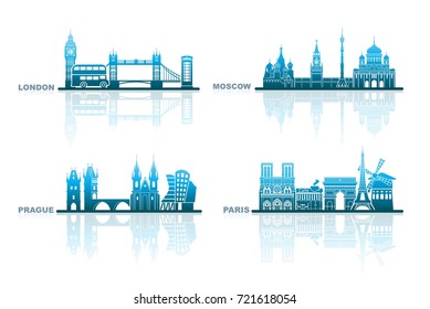 Abstract cityscapes of London, Paris, Prague and Moscow