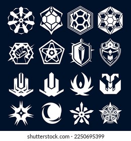 Abstract clan logo, icon, tattoo set for gaming, app, UI, print. Shields, swords, amulets and other heraldry. Vector illustration