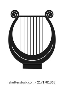 Abstract classic antique harp. Mythical, ancient greek style. Trendy black and white vector illustration isolated on black background.	