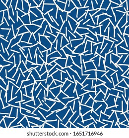 Abstract Classic Blue Hand-Drawn Irregular Triangles Fractal Texture Vector Seamless Pattern. Organic Crossing Lines