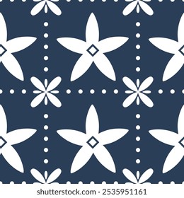 Abstract classic ceramic or tile seamless pattern. Vintage pattern vector illustration. Blue and white pattern