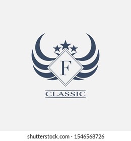 Abstract Classic  Letter F Logo icon. Simple  design concept  geometric rhombus with wing and star element for sport, club, community or more brands.