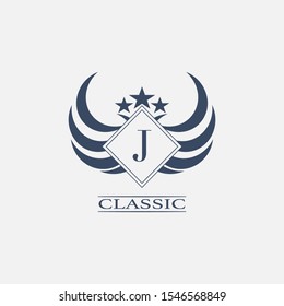 Abstract Classic  Letter J Logo icon. Simple  design concept  geometric rhombus with wing and star element for sport, club, community or more brands.