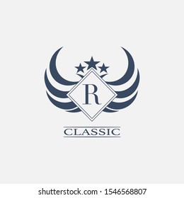 Abstract Classic  Letter R Logo icon. Simple  design concept  geometric rhombus with wing and star element for sport, club, community or more brands.