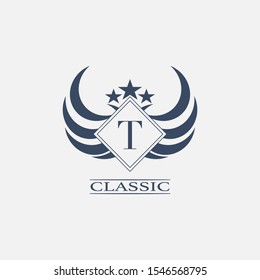 Abstract Classic  Letter T Logo icon. Simple  design concept  geometric rhombus with wing and star element for sport, club, community or more brands.