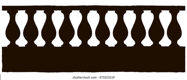 Abstract Classic Outdoor Mansion Palace House Element, Stone Newel Bannister On Parapet Isolated On White Backdrop. Ink Drawn Object Sketch In Art Engraving Style