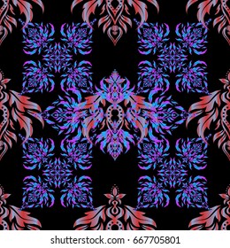 Abstract classic seamless pattern with blue, violet and orange elements on a black background. Vintage vector ornament.
