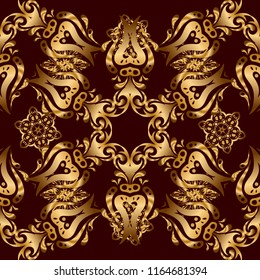 Abstract classic seamless pattern with golden elements on a brown background. Vintage floral vector ornament.