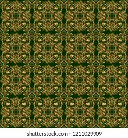 Abstract classic seamless pattern with golden elements on a green background. Vintage floral vector ornament.