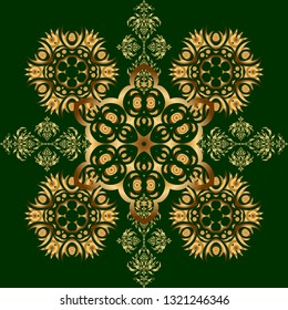 Abstract classic seamless pattern with golden elements on a green background. Vintage floral vector ornament.