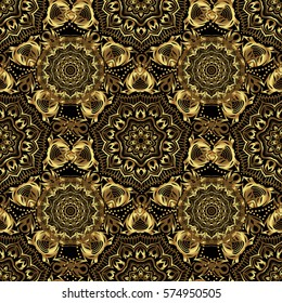 Abstract classic seamless pattern with golden elements on a black background. Vintage floral vector ornament.