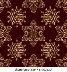 Abstract classic seamless pattern with golden elements on a brown background. Vintage floral vector ornament.