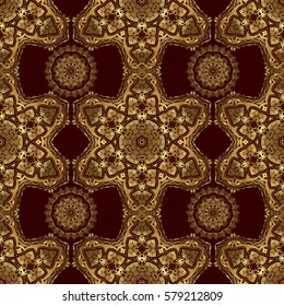 Abstract classic seamless pattern with golden elements on a brown background. Vintage floral vector ornament.