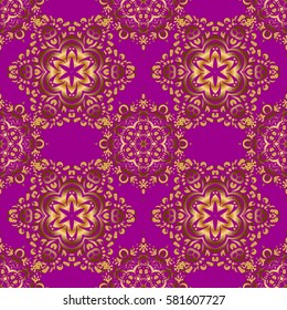 Abstract classic seamless pattern with golden elements on a purple background. Vintage floral vector ornament.