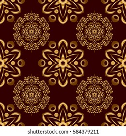 Abstract classic seamless pattern with golden elements on a brown background. Vintage floral vector ornament.